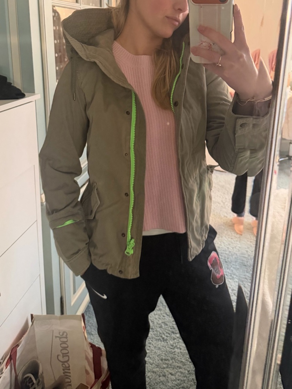 Olive Green Hooded Jacket with Neon Trim - Women's Coat